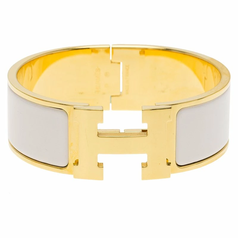 Hermes Clic Clac H White Enamel Gold Plated Wide Bracelet PM For Women 5 Hermes Clic Clac H White Enamel Gold Plated Wide Bracelet PM For Women - Image 3