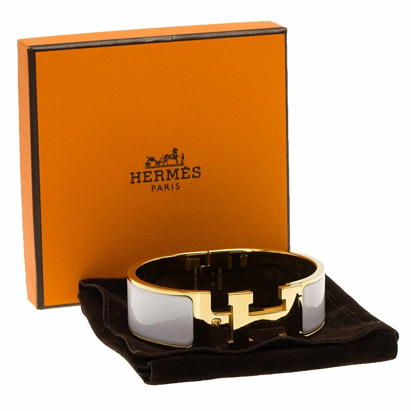 Hermes Clic Clac H White Enamel Gold Plated Wide Bracelet PM For Women 7 Hermes Clic Clac H White Enamel Gold Plated Wide Bracelet PM For Women - Image 5