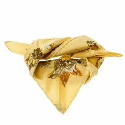 Hermes Yellow Printed Silk Feuilles D'automne Pocket Square For Women