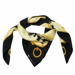 Hermes Yellow And Black Printed Silk Les Ponts De Paris Square Scarf For Women