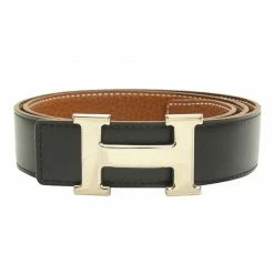 Hermes Black And Brown Leather H Buckle Reversible Belt 80CM For Women