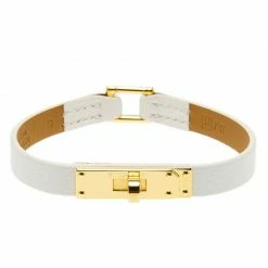 Hermes Micro Kelly White Leather Gold Plated Narrow Bracelet PM For Women
