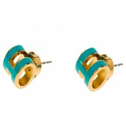 Hermes Pop H Turquoise Lacquered Gold Plated Stud Earrings For Women -Deals Hermes Store luxury women hermes used accessories p91040 003