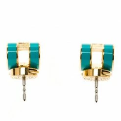 Hermes Pop H Turquoise Lacquered Gold Plated Stud Earrings For Women -Deals Hermes Store luxury women hermes used accessories p91040 004
