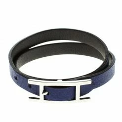 Hermes Hermès Hapi 3 MM Blue & Grey Leather Palladium Plated Wrap Bracelet PM For Women