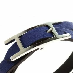Hermes Hermès Hapi 3 MM Blue & Grey Leather Palladium Plated Wrap Bracelet PM For Women -Deals Hermes Store luxury women hermes used accessories p92829 003
