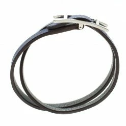 Hermes Hermès Hapi 3 MM Blue & Grey Leather Palladium Plated Wrap Bracelet PM For Women -Deals Hermes Store luxury women hermes used accessories p92829 004