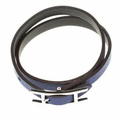 Hermes Hermès Hapi 3 MM Blue & Grey Leather Palladium Plated Wrap Bracelet PM For Women -Deals Hermes Store luxury women hermes used accessories p92829 006