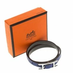 Hermes Hermès Hapi 3 MM Blue & Grey Leather Palladium Plated Wrap Bracelet PM For Women -Deals Hermes Store luxury women hermes used accessories p92829 007