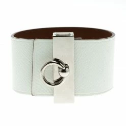 Hermes Imprévisible White Leather Palladium Plated Wide Bracelet For Women