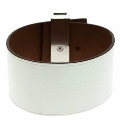 Hermes Imprévisible White Leather Palladium Plated Wide Bracelet For Women -Deals Hermes Store luxury women hermes used accessories p92896 006