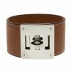 Hermes Kelly Dog Brown Leather Palladium Plated Wide Bracelet For Women -Deals Hermes Store luxury women hermes used accessories p93070 0001