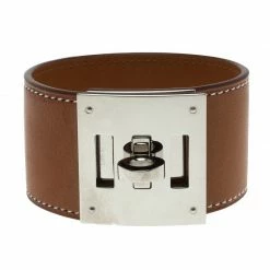 Hermes Kelly Dog Brown Leather Palladium Plated Wide Bracelet For Women