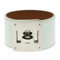 Hermes Kelly Dog White Leather Palladium Plated Wide Bracelet For Women