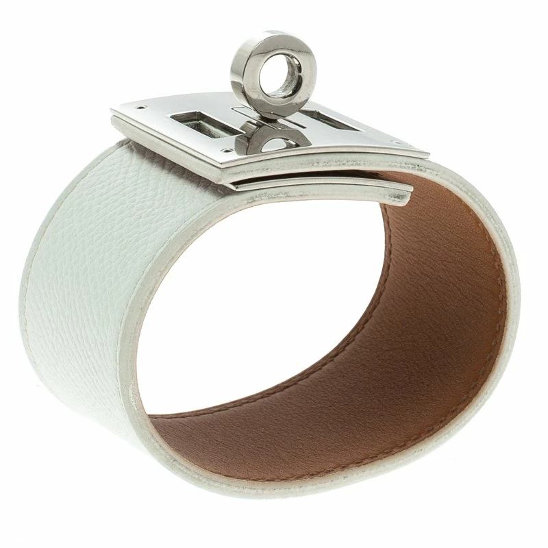 Hermes Kelly Dog White Leather Palladium Plated Wide Bracelet For Women 4 Hermes Kelly Dog White Leather Palladium Plated Wide Bracelet For Women - Image 2