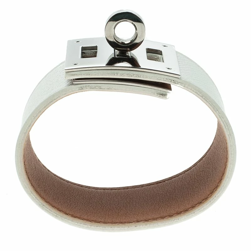 Hermes Kelly Dog White Leather Palladium Plated Wide Bracelet For Women 6 Hermes Kelly Dog White Leather Palladium Plated Wide Bracelet For Women - Image 4