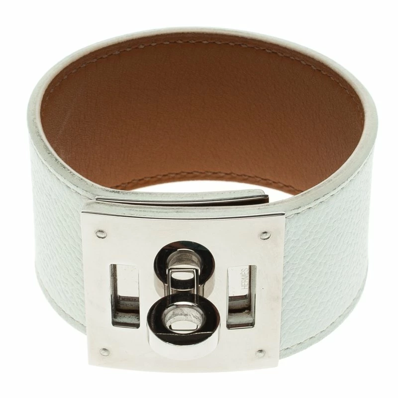 Hermes Kelly Dog White Leather Palladium Plated Wide Bracelet For Women 7 Hermes Kelly Dog White Leather Palladium Plated Wide Bracelet For Women - Image 5