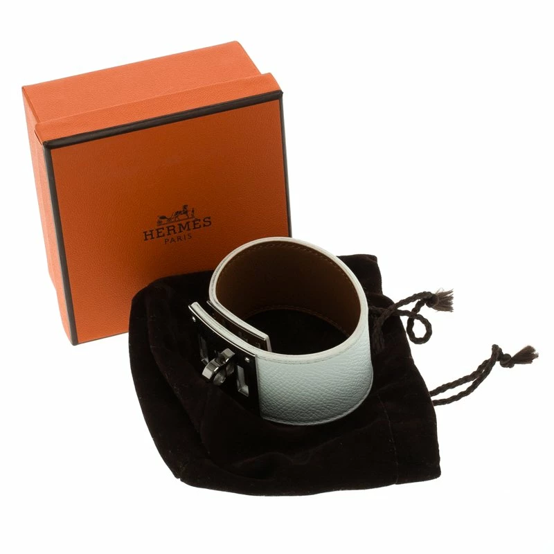 Hermes Kelly Dog White Leather Palladium Plated Wide Bracelet For Women 11 Hermes Kelly Dog White Leather Palladium Plated Wide Bracelet For Women - Image 9