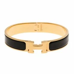 Hermes Clic Clac H Black Enameled Gold-Plated Bracelet PM For Women