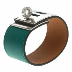Hermes Kelly Dog Green Leather Palladium Plated Wide Bracelet For Women
