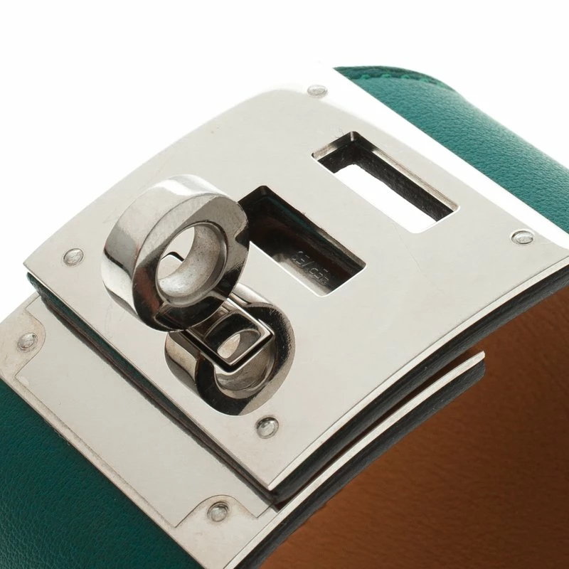 Hermes Kelly Dog Green Leather Palladium Plated Wide Bracelet For Women 5 Hermes Kelly Dog Green Leather Palladium Plated Wide Bracelet For Women - Image 3