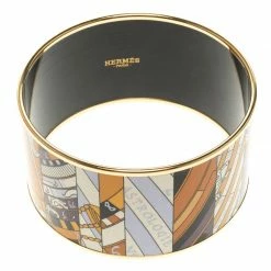 Hermes Astrologie Nouvelle Enamel Print Gold Plate Extra Wide Bangle Bracelet GM For Women