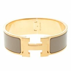 Hermes Clic Clac H Wide Grey Enamel Gold Plated Bracelet For Women