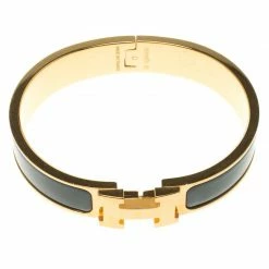 Hermes Clic Clac H Blue Enamel Gold Tone Narrow Bracelet PM For Women