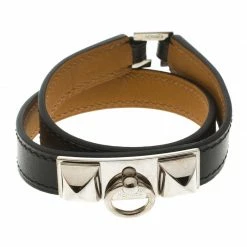 Hermes Rivale Double Tour Black Leather Palladium Plated Bracelet For Women