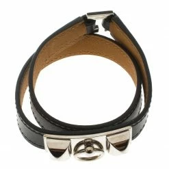 Hermes Rivale Double Tour Black Leather Palladium Plated Bracelet For Women -Deals Hermes Store luxury women hermes used accessories p99286 003
