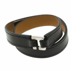 Hermes Rivale Double Tour Black Leather Palladium Plated Bracelet For Women -Deals Hermes Store luxury women hermes used accessories p99286 004