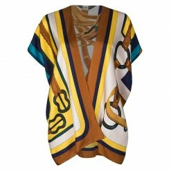 Hermes Multicolor Horsebit Printed Silk Open Front Square Blouse ( One Size ) For Women