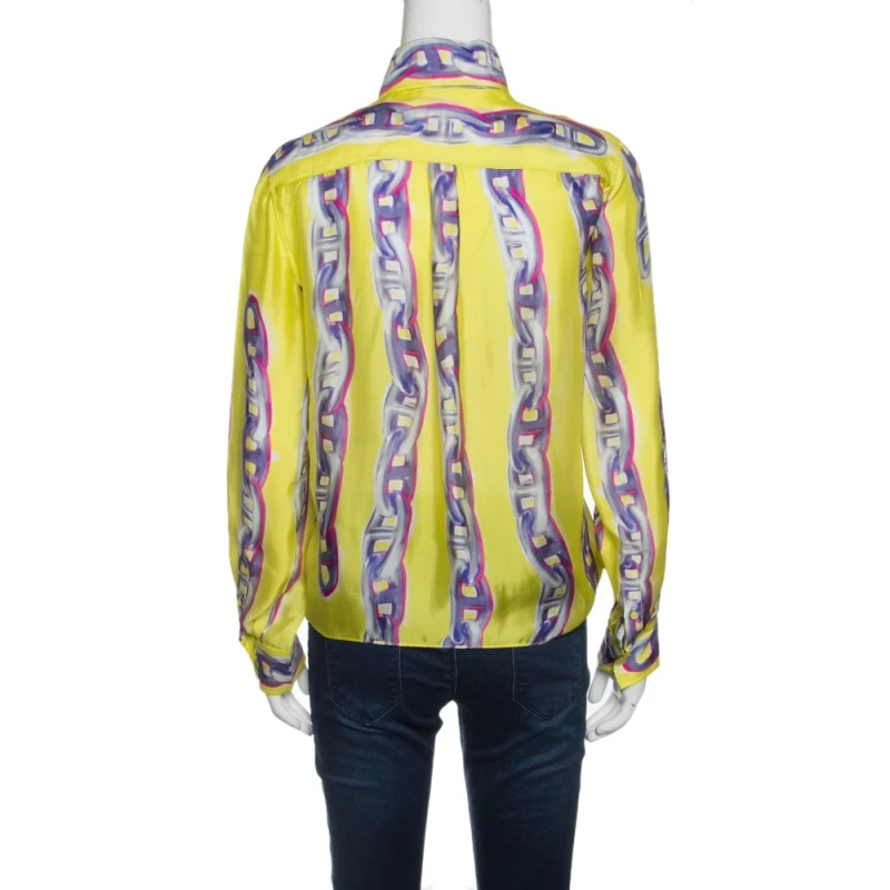 Hermes Yellow Silk Chain Printed Front Tie Long Sleeve Shirt S For Women 5 Hermes Yellow Silk Chain Printed Front Tie Long Sleeve Shirt S For Women - Image 3
