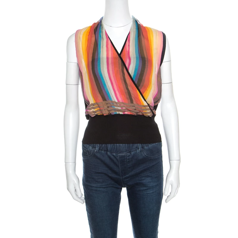 Hermes Multicolor Striped Silk Faux Wrap Front Sleeveless Top M For Women 3 Hermes Multicolor Striped Silk Faux Wrap Front Sleeveless Top M For Women