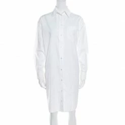 Hermes White Cotton Button Front Shirt Dress S For Women