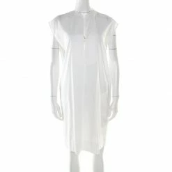 Hermes Off White Cotton Embroidered Pocket Detail Sleeveless Tunic Dress M For Women