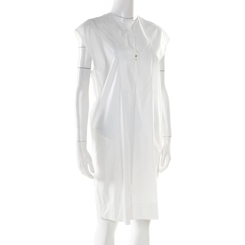 Hermes Off White Cotton Embroidered Pocket Detail Sleeveless Tunic Dress M For Women 4 Hermes Off White Cotton Embroidered Pocket Detail Sleeveless Tunic Dress M For Women - Image 2