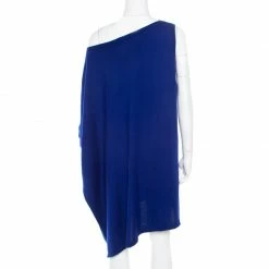 Hermes Vintage Blue Silk And Cashmere Paneled Asymmetric Sleeve Mini Dress M For Women -Deals Hermes Store luxury women hermes used clothes p178564 001
