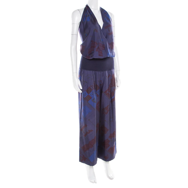 Hermes Dark Blue Pavois Flag Print Silk Halter Top And Trousers Set M For Women 4 Hermes Dark Blue Pavois Flag Print Silk Halter Top And Trousers Set M For Women - Image 2