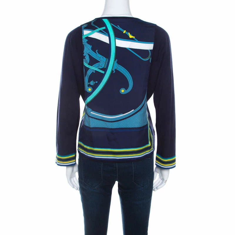 Hermes Navy Blue Printed Cotton Silk Long Sleeve Sweater Top S For Women 5 Hermes Navy Blue Printed Cotton Silk Long Sleeve Sweater Top S For Women - Image 3