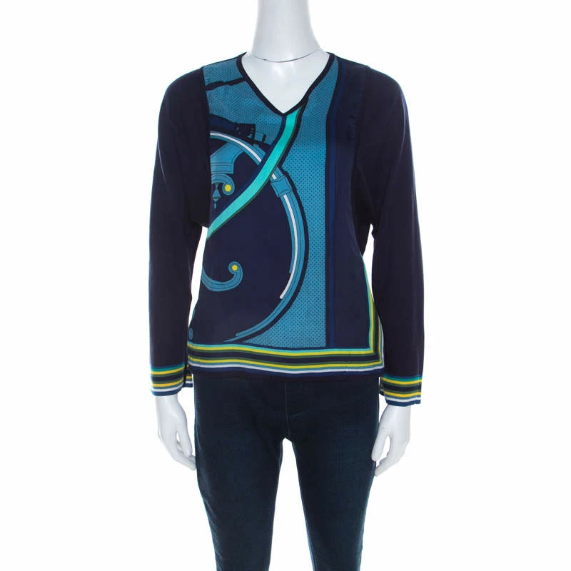 Hermes Navy Blue Printed Cotton Silk Long Sleeve Sweater Top S For Women 3 Hermes Navy Blue Printed Cotton Silk Long Sleeve Sweater Top S For Women