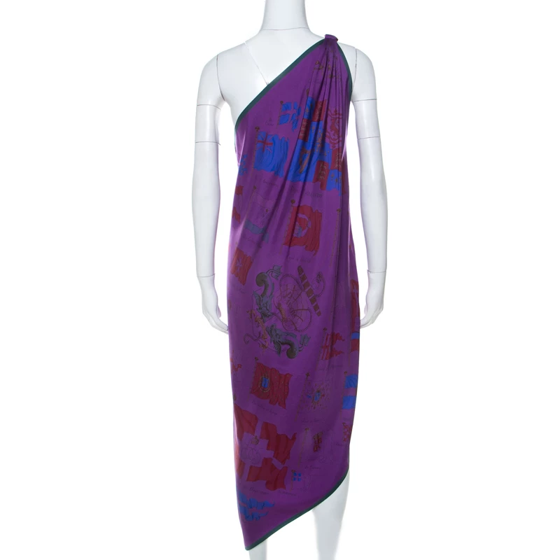 Hermes Purple Flag Print Silk One Shoulder Pavois Scarf Maxi Dress M For Women 5 Hermes Purple Flag Print Silk One Shoulder Pavois Scarf Maxi Dress M For Women - Image 3