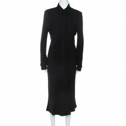 Hermes Black Silk Long Sleeve Collared Dress L For Women