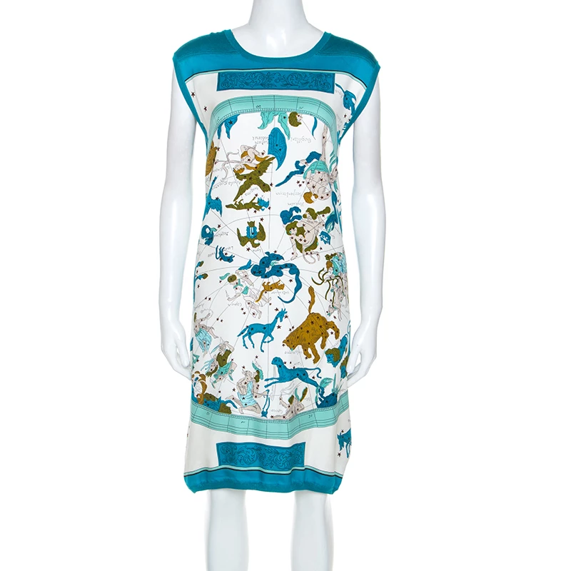 Hermes Blue Zodiac Printed Silk And Knit Sleeveless Dress L For Women 3 Hermes Blue Zodiac Printed Silk And Knit Sleeveless Dress L For Women