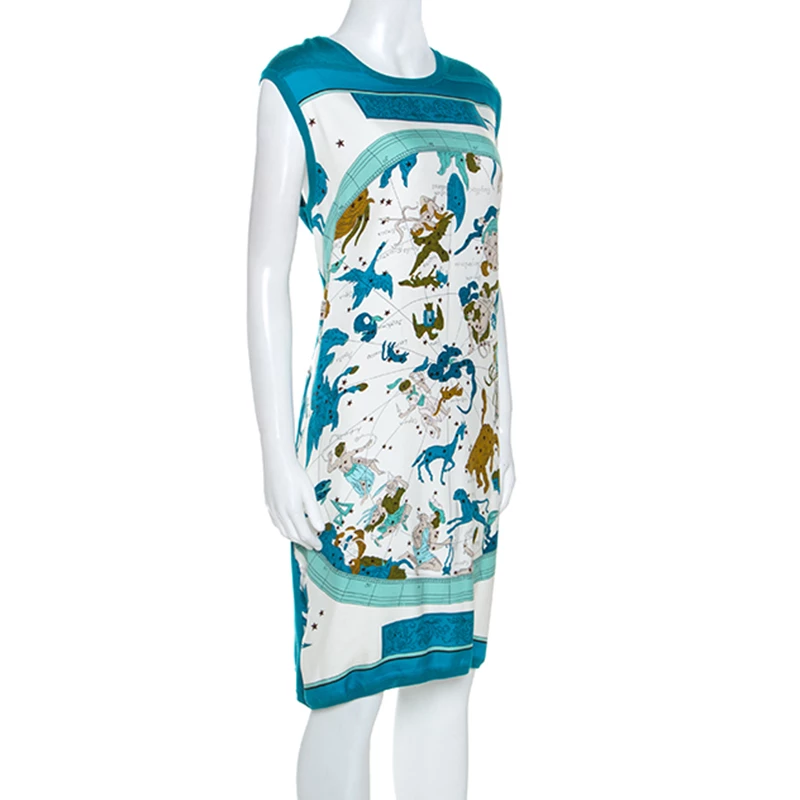 Hermes Blue Zodiac Printed Silk And Knit Sleeveless Dress L For Women 4 Hermes Blue Zodiac Printed Silk And Knit Sleeveless Dress L For Women - Image 2