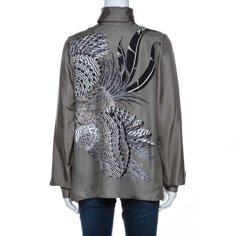 Hermes Grey Printed Silk High Neck Blouse M For Women 5 Hermes Grey Printed Silk High Neck Blouse M For Women - Image 3
