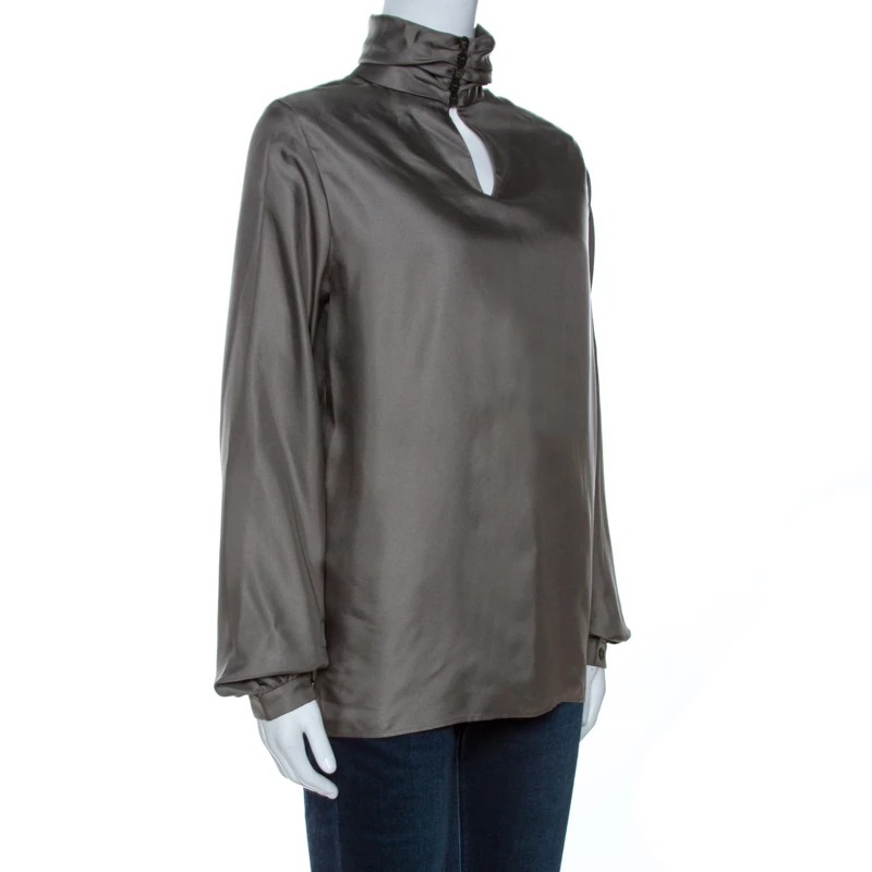 Hermes Grey Printed Silk High Neck Blouse M For Women 4 Hermes Grey Printed Silk High Neck Blouse M For Women - Image 2