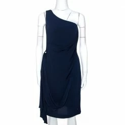 Hermes Navy Blue Silk One Shoulder Draped Dress S For Women
