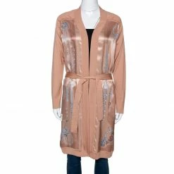 Hermes Peach Parure De Gala Print Cashmere & Silk Belted Cardigan S For Women