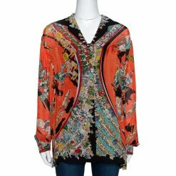Hermes Orange Cirque Molier Print Silk Crepe Shirt L For Women